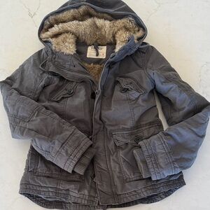 TNA Charcoal Puffer Jacket with Faux Fur Hood